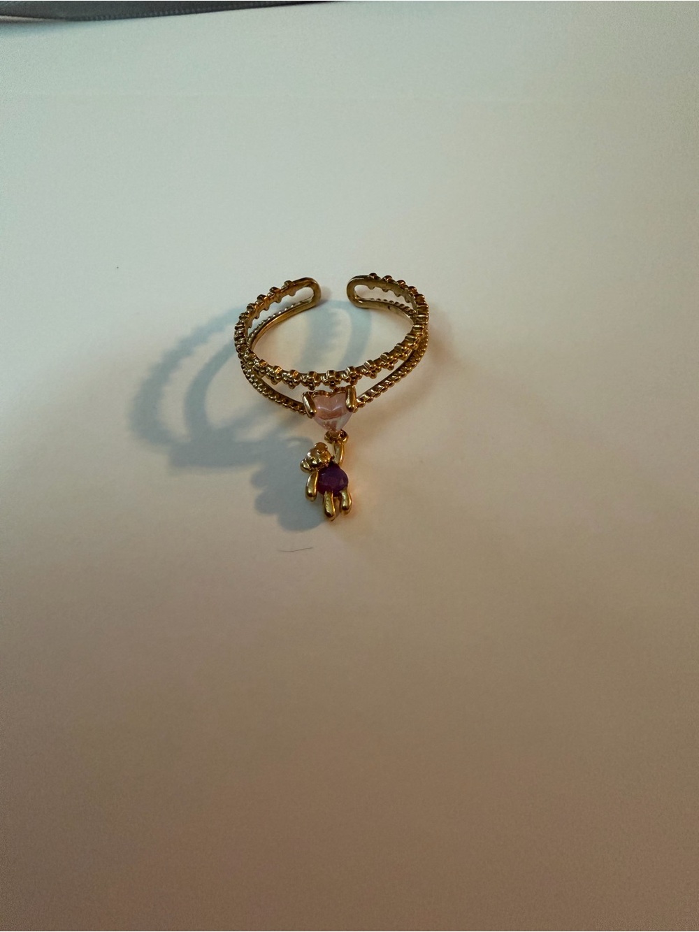 Gold-Tone Adjustable Ring with Pink Heart and Purple Bear Charm